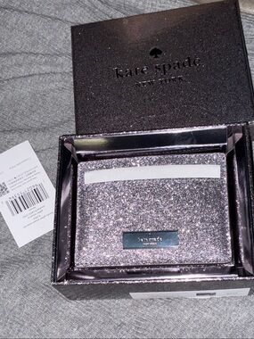 Kate Spade Glitter Card Holder – Silver Sparkle – Gunmetal Logo – NWT – Boxed
